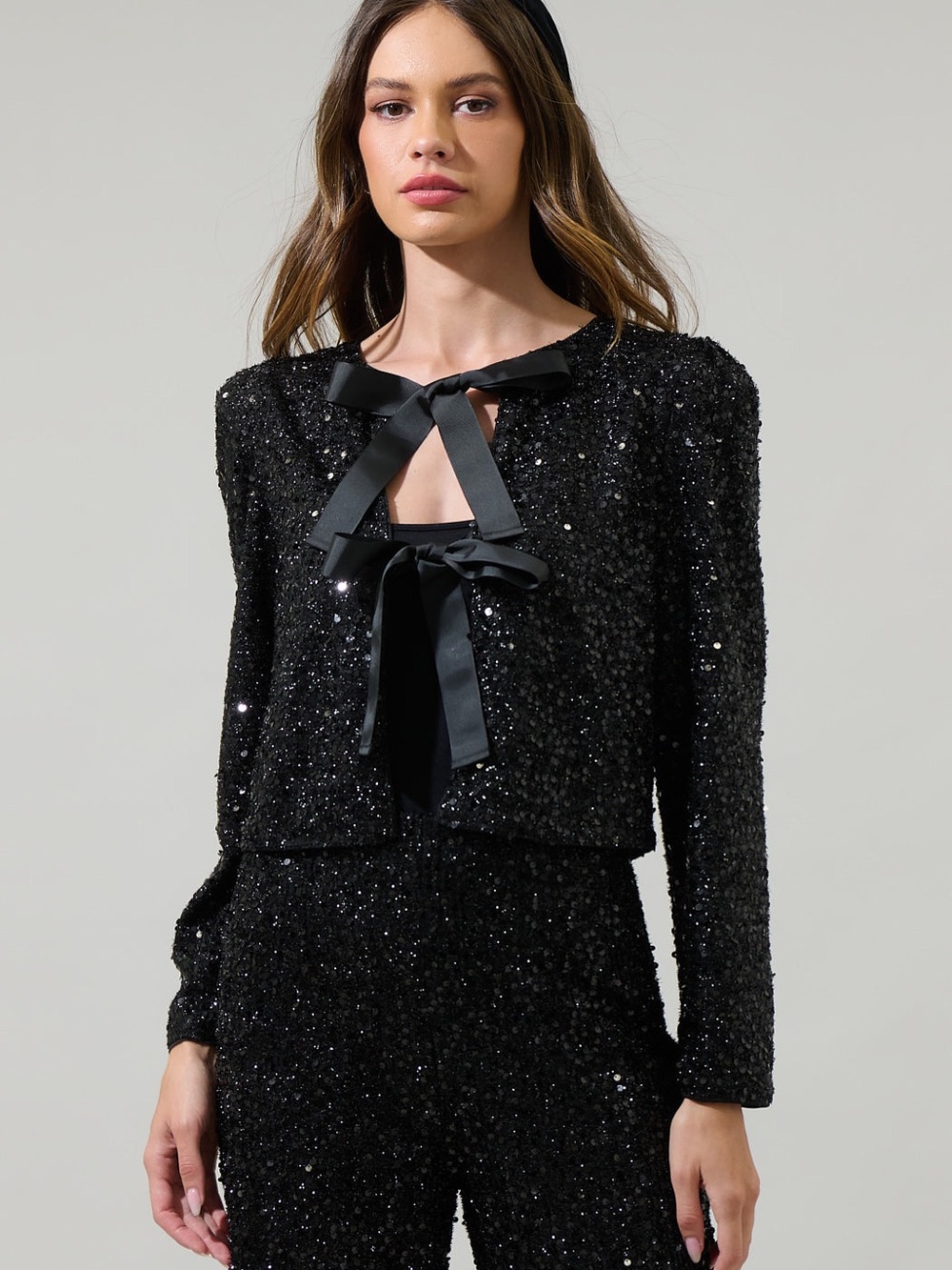 Black Sequin Tie-Front Jacket